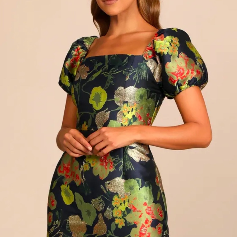 Lulus So Stunning Navy Blue Floral Jacquard Puff Sleeve Mini Dress